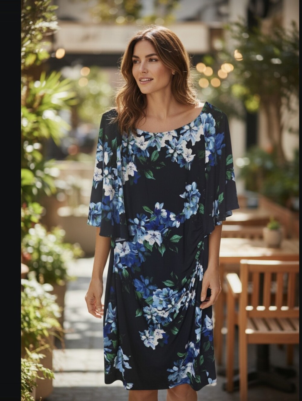 Lauren Ralph Lauren Navy Floral Scoop Neck Dress with Flutter Sleeves